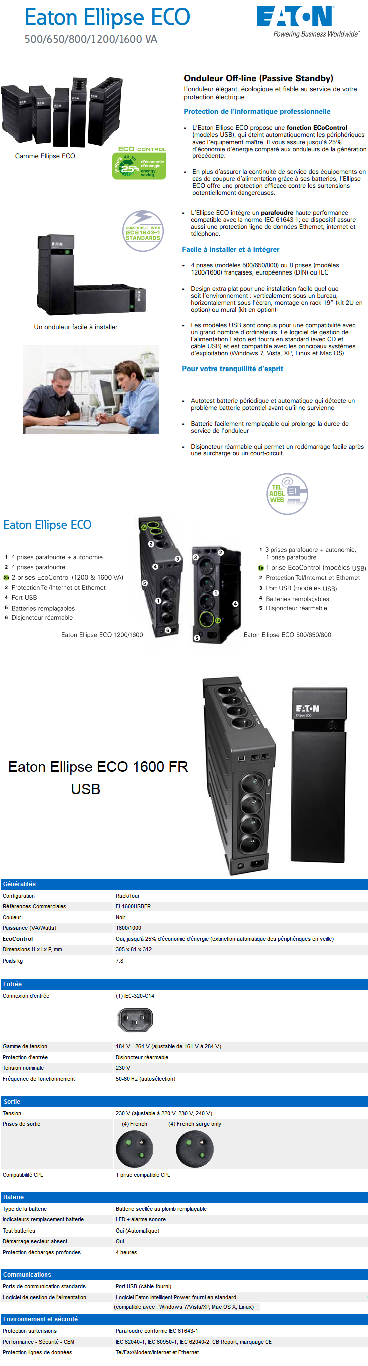 Acheter Onduleur OFF-Line Eaton Ellipse ECO 1600 FR USB (EL1600USBFR) maroc