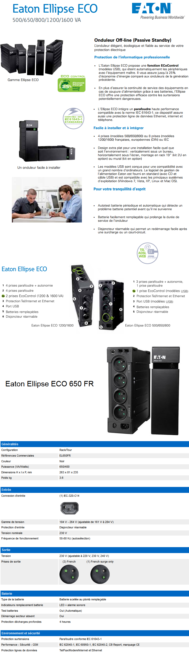 Acheter Onduleur OFF-Line Eaton Ellipse ECO 650 FR (EL650FR) maroc