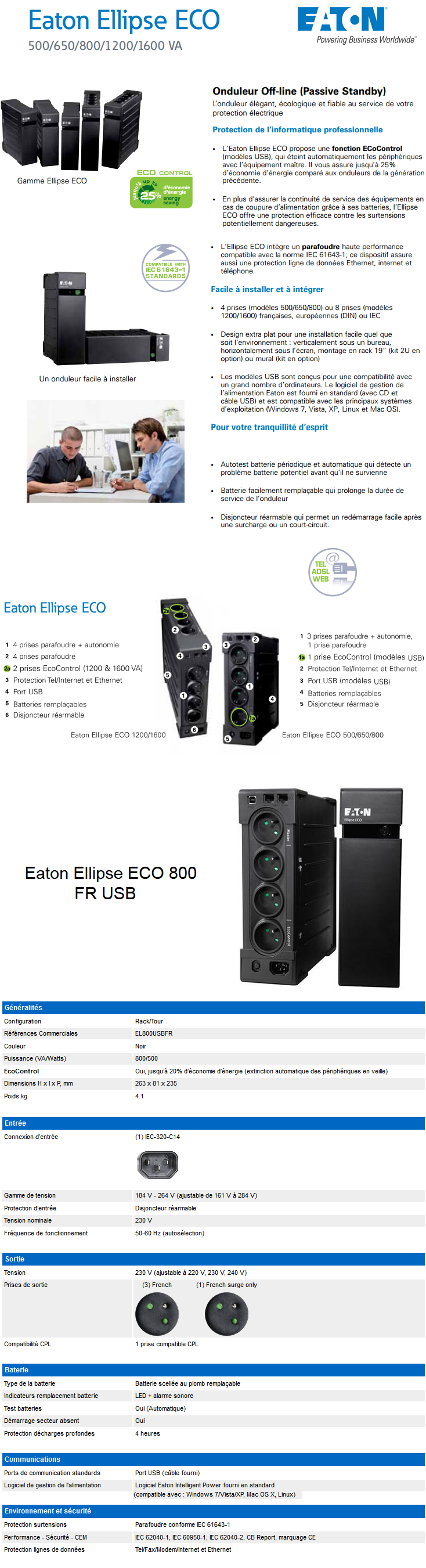 Acheter Onduleur OFF-Line Eaton Ellipse ECO 800 USB FR (EL800USBFR) maroc