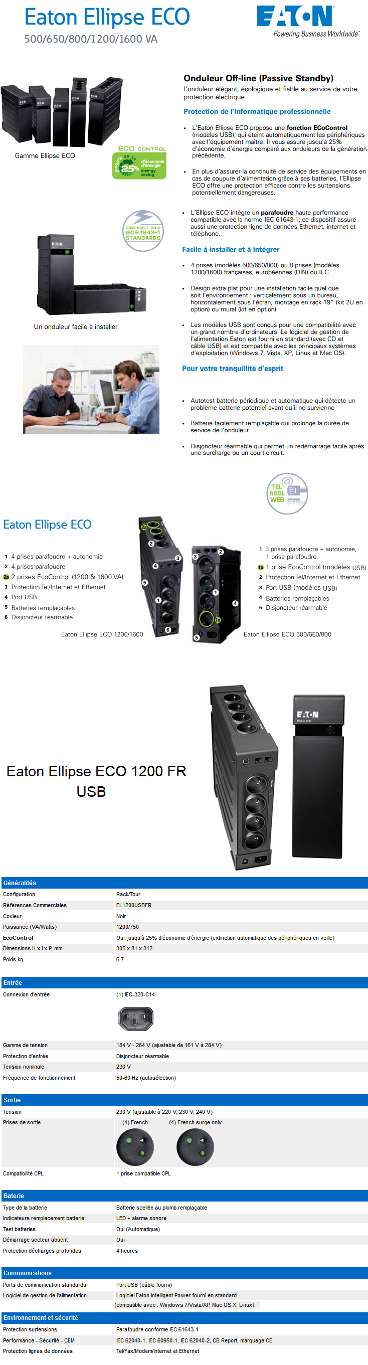 Acheter Onduleur OFF-Line Eaton Ellipse ECO 1200 FR USB (EL1200USBFR) maroc