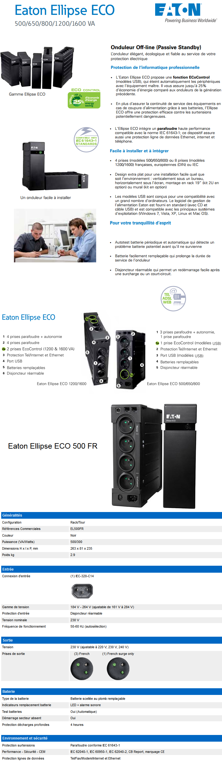 Acheter Onduleur OFF-Line Eaton Ellipse ECO 500 - 500VA / 300W (EL500FR) maroc