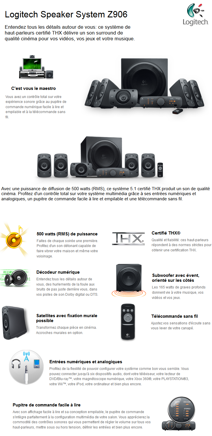 Acheter Logitech Speaker System Z906 - 5.1 - THX 500 Watts avec télécommande sans fil maroc