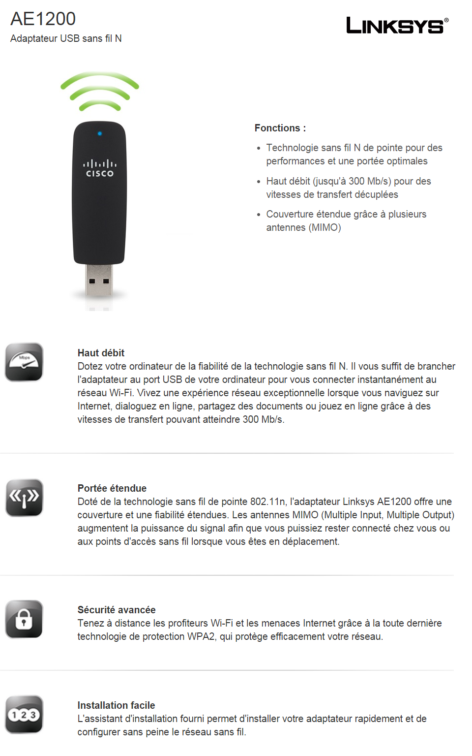 Acheter Adaptateur USB sans fil N AE1200 (AE1200-EE) Maroc