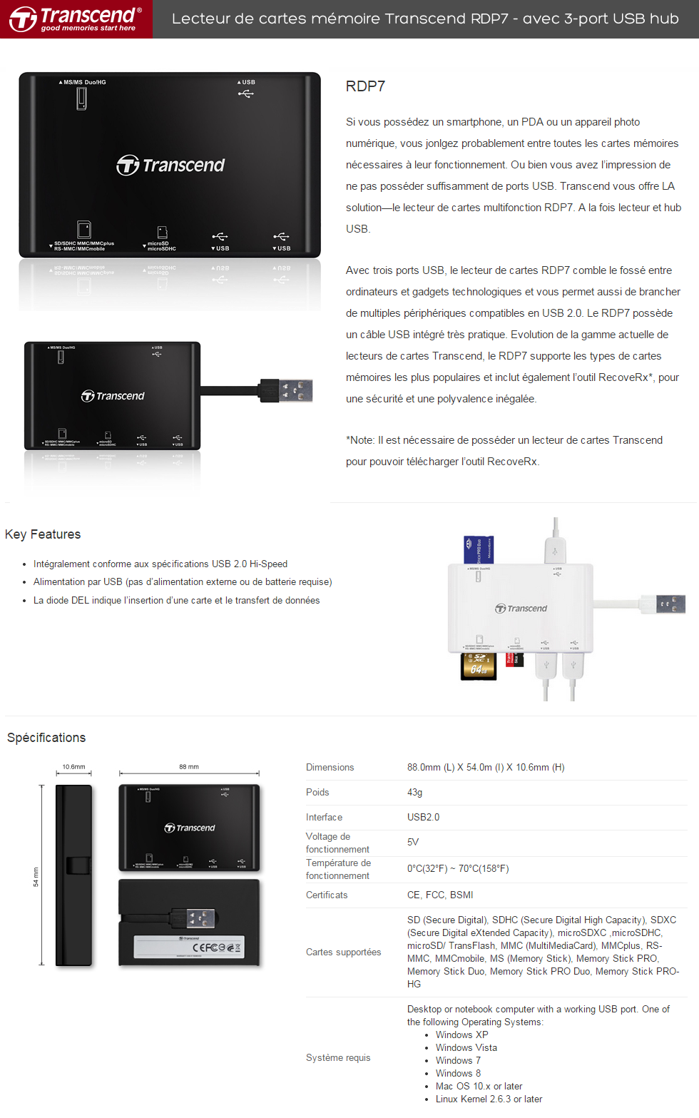 Acheter Lecteur de cartes mémoire Transcend RDP7 - avec 3-port USB hub Maroc